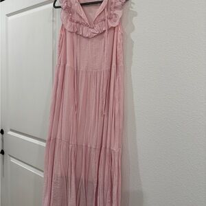 Ruffled V-Neck Maxi Dress - Pink